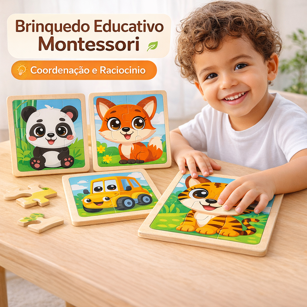 Quebra-Cabeça de Madeira Infantil Montessori Kit 3 Peças | Brinquedo Educativo