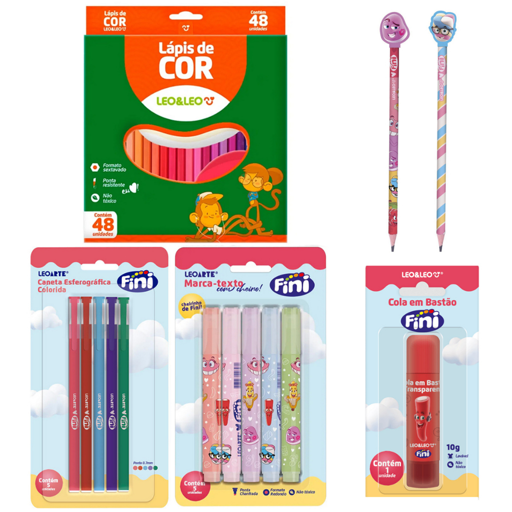 Fini Canetas Coloridas + Marca texto com cheirinho + Cola Bastão +Lápis de Cor 48 Cores - Leo e Leo