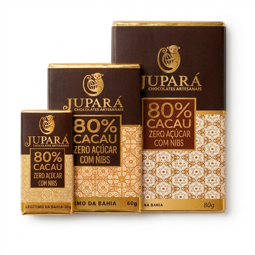 Barra de Chocolate Artesanal Amargo Diet Jupará 80% Cacau com Nibs, Zero Açúcar Sem Glúten