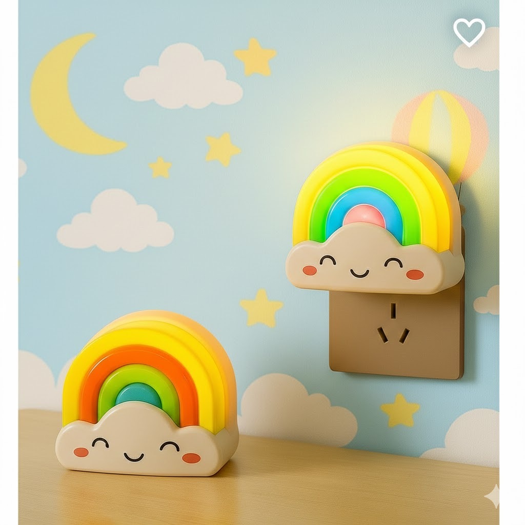 Luminária Infantil LED Arco‑íris Decorativa Bivolt com Botão e Plug Tomada