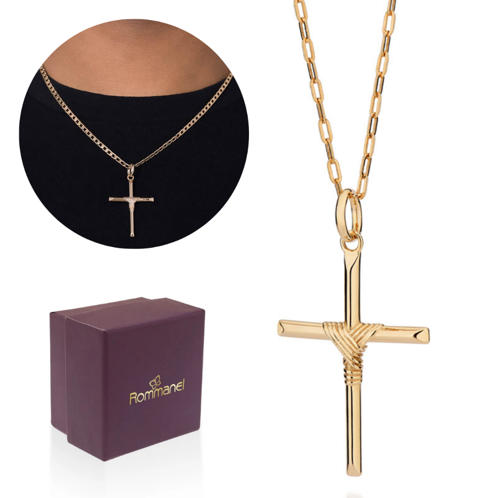 Cordão Rommanel Masculino Com Pingente Cruz Banhado Ouro 18K 70cm em Oferta na Shopee