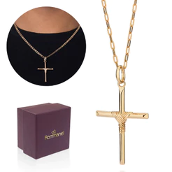 Cordão Rommanel Masculino Com Pingente Cruz Banhado Ouro 18K 70cm
