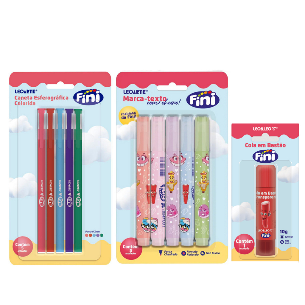 Kit Material Escolar Fini Caneta Esferográfica Colorida + Marca Texto com Cheirinho + Cola Bastão - Leo e Leo
