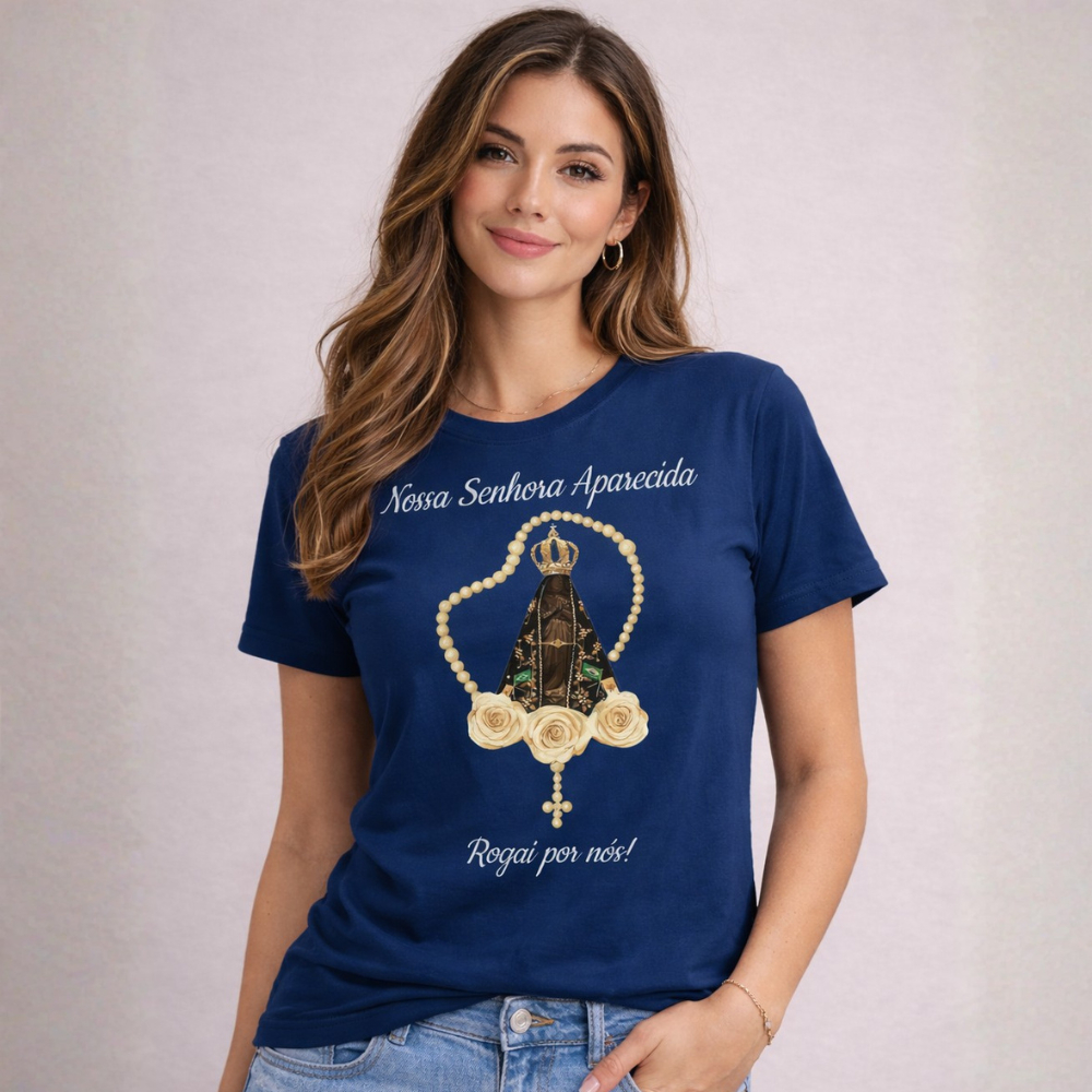 T-Shirt Feminina Estampada Nossa Senhora Aparecida Unissex  – Fé, Devoção e Estilo para o Dia a Dia
