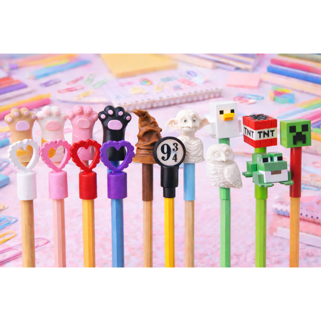 KIT  4 Adorno Ponteira Lápis Decorativo Criativo Escolar | Coração, Minecraft, Gatinho, Harry Potter
