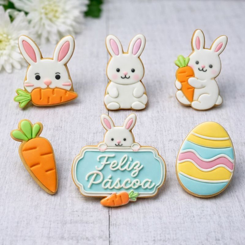 Kit Cortadores de Biscoito Páscoa Coelho Cenoura Ovo Feliz Páscoa 6 Peças