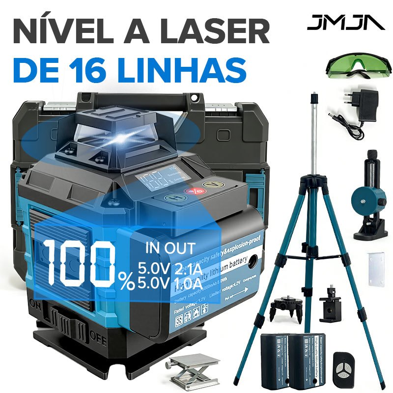 JMJN Nível Laser 4D 16 Linhas Verde 360º Profissional Tripé Incluso 2 Baterias Autonivelante Precisão Alta Maleta Rígida em Oferta na Shopee