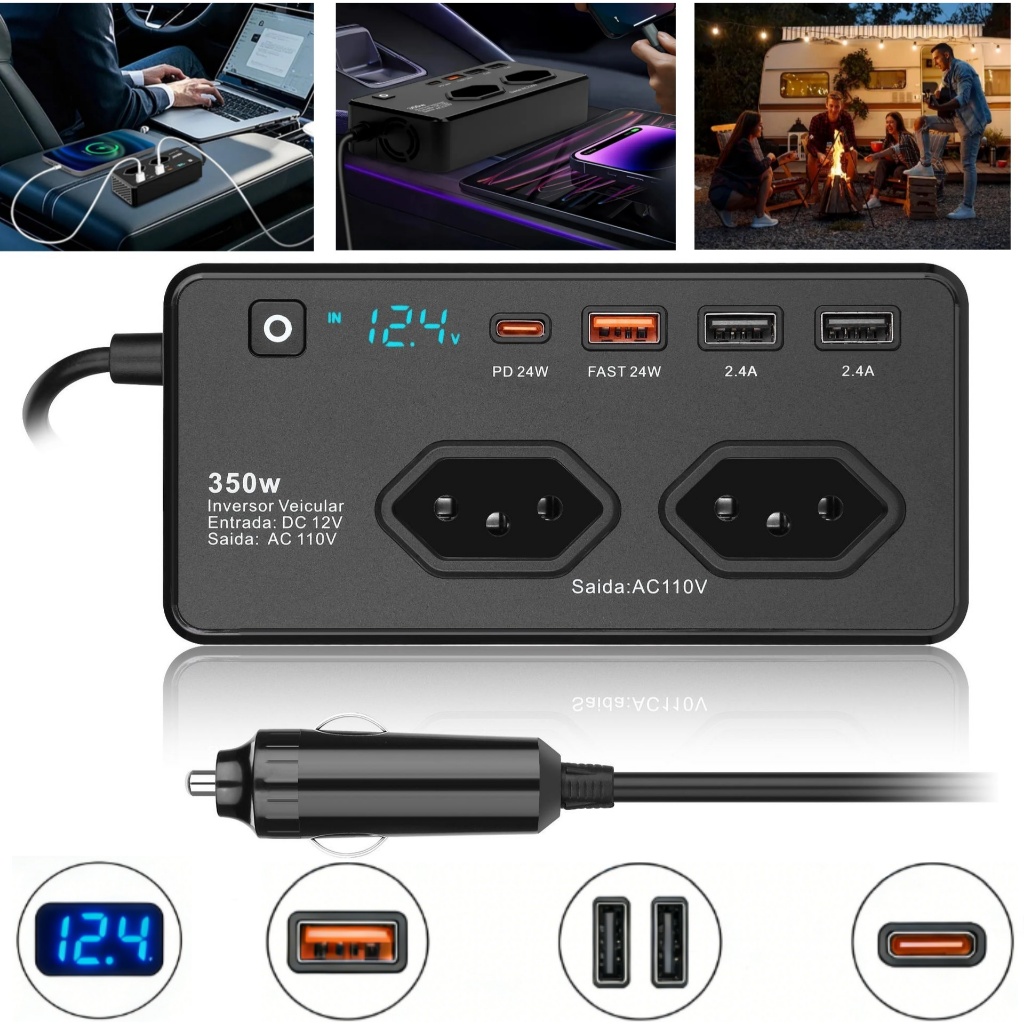Inversor De Tensão 12v Para 110v 350w 4usb 2portas Conversor