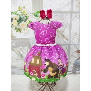 Vestido Menina Infantil Perola Temático Macha e o Urso RF03