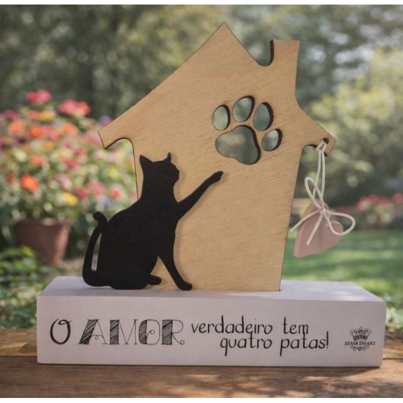 Enfeite Gato Decorativo Madeira casinha com Frase.