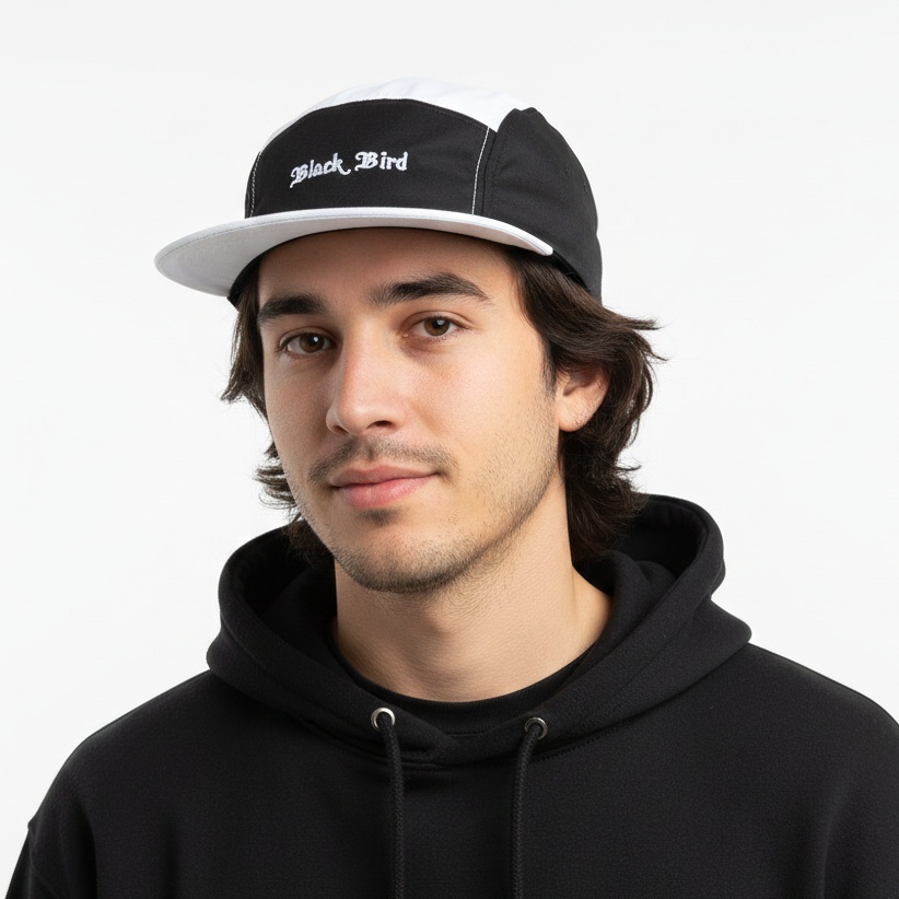Bone Five Panel Tela Black Bird Strapback aba mole/flexível em EVA - Br/Pr - Top