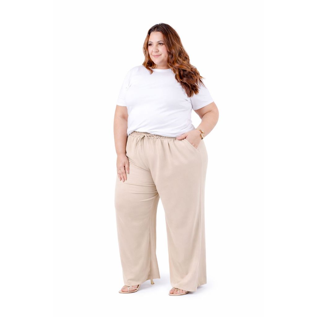 Calça Pantalona Plus Size Feminina Elástico Na Cintura Com Bolso Cintura Alta Tecido Duna G ao G2 Grande Plus Size