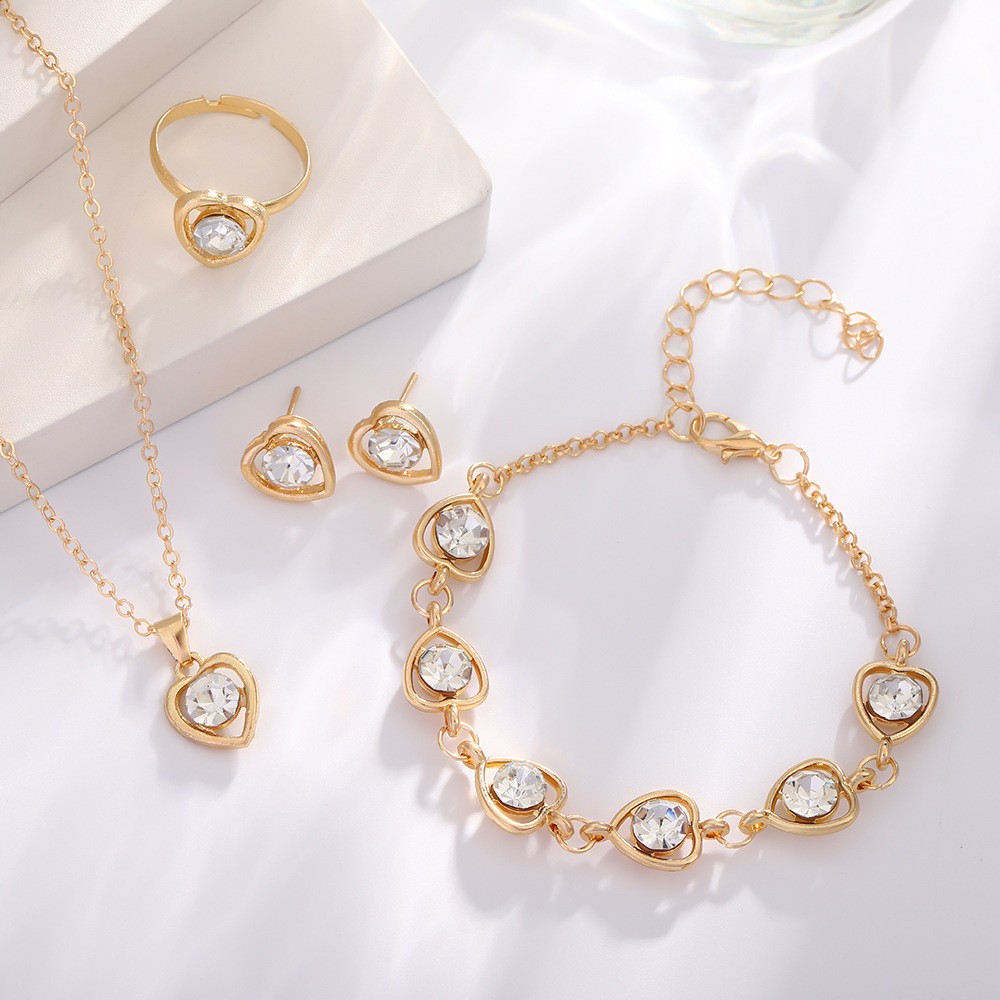 Conjunto Feminino Colar Brinco Pulseira Anel Coração Dourado Zircônia Delicado Elegante Presente Moda