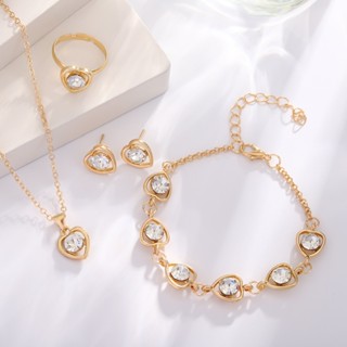 Novo Conjunto De Joias De Coração Europeu 4 Peças Colar Oco Brincos Pulseira De Anel Para Mulheres em Oferta na Shopee