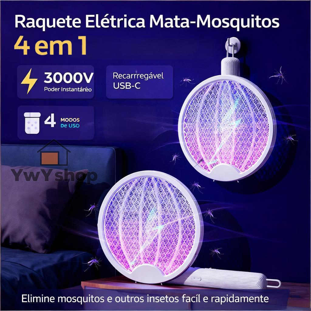 Raquete Elétrica Anti-Mosquitos 3000V 4 em 1 USB-C | Portátil, Dobrável e Recarregável M5 em Oferta na Shopee