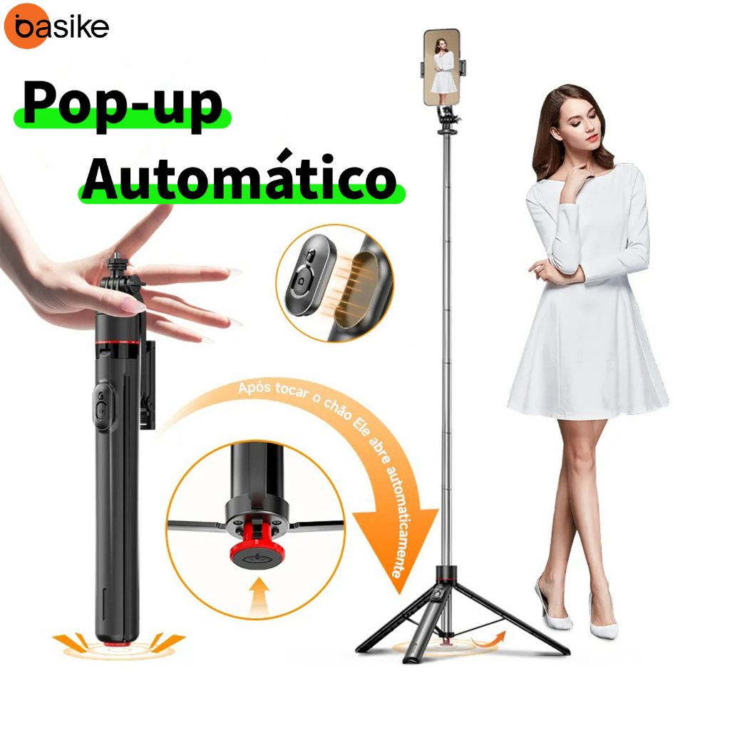 Bastão de selfie Tripé para celular BASIKE Pop-up Automático com Bluetooth Sticks 177cm, Rotação 360° Selfie Sticks