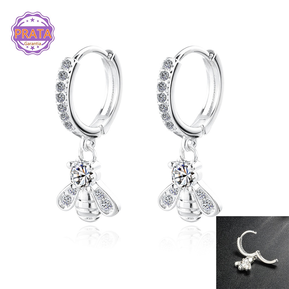 Kit Brincos Argola Pingente Prata 925 Legítima Abelha Com Zircônias Elegante e Delicado Feminino Jóia