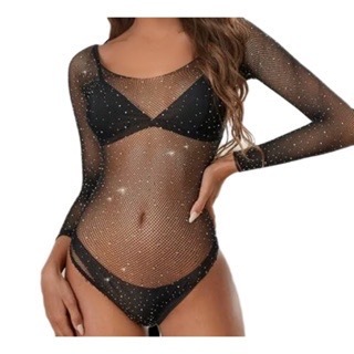 Sexy fishnet bodysuit ver-através de malha apertado feminino espumante strass corpo meias aberto fora do ombro em Oferta na Shopee