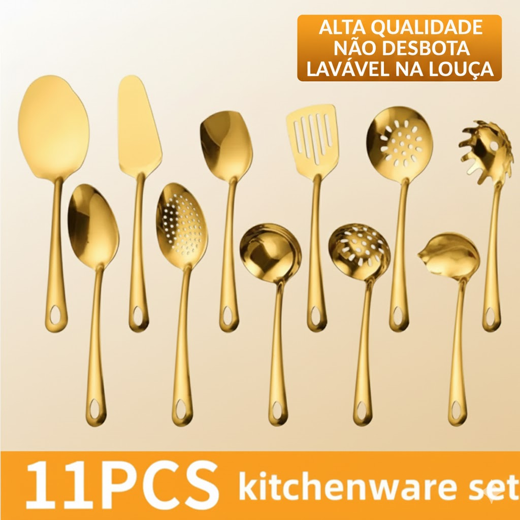 11 peças conjunto de utensílios de cozinha banhados a ouro com em Oferta na Shopee