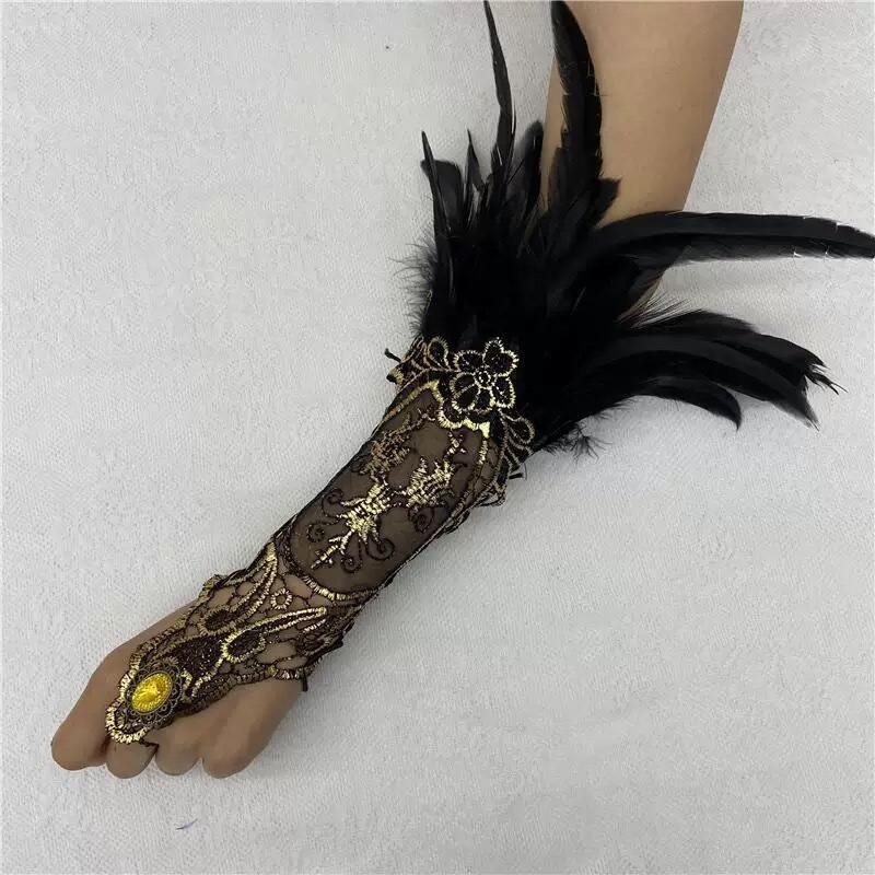Pulseira de Renda Preta e Dourada com Penas Negras para Cosplay