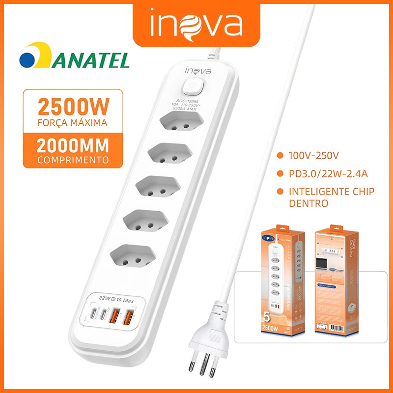 INOVA Régua Filtro de Linha com 5 Tomadas Extensão Elétrica  2 USB 2 Type-C Bivolt  Cabo de 2 Metros Seguro e confiável em Oferta na Shopee