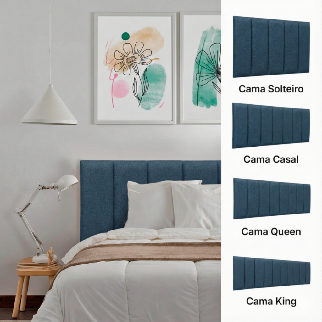 Cabeceira Placa 60x20 Estofada Ripada Modular Adesiva Linho Azul Cama Box Solteiro Casal Queen King