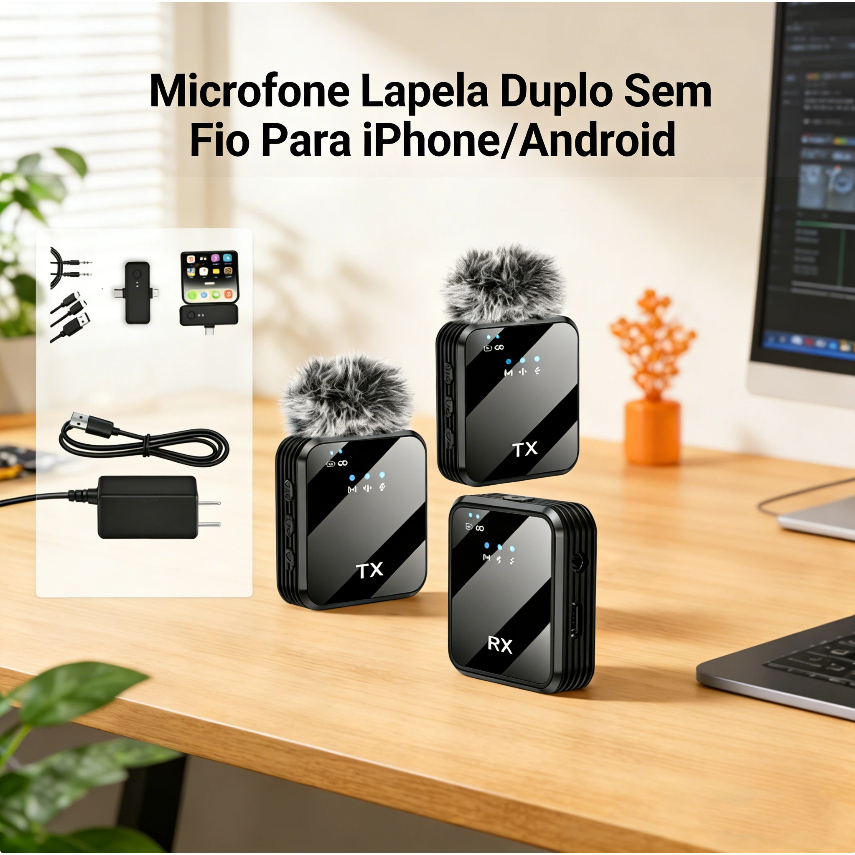 Microfone Lapela Duplo Sem Fio Para iPhone/Android 2em1 Profissional Magnético Redução