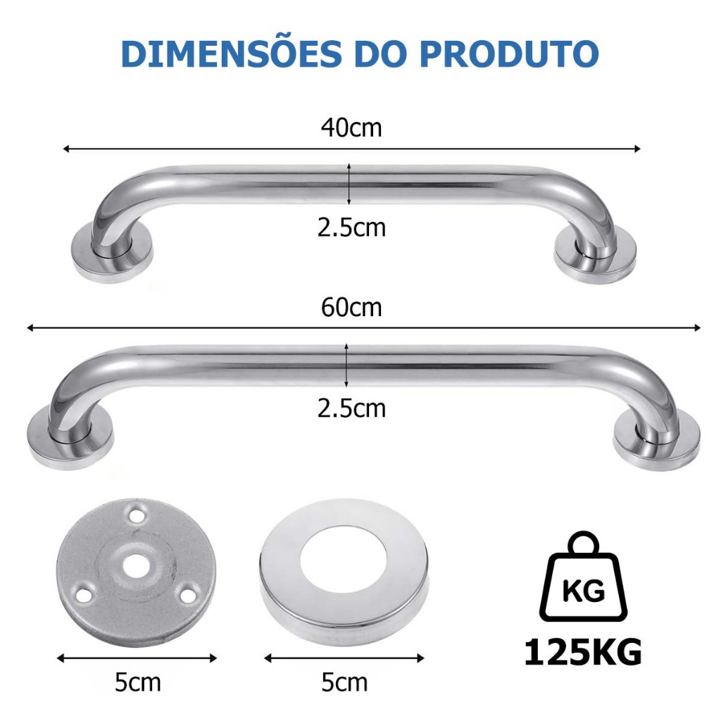 Barra Alça Apoio 40cm e 60cm Inox Prata Reluzente Moderno Banheiro Kit 2 ou 4 Peças Alta Qualidade