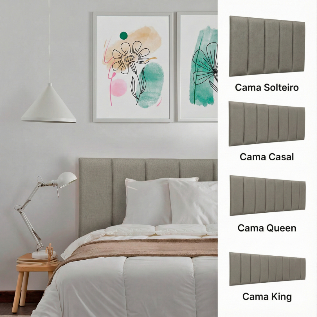 Cabeceira Placa 60x20 Estofada Ripada Modular Adesiva Linho Cinza Cama Box Solteiro Casal Queen King