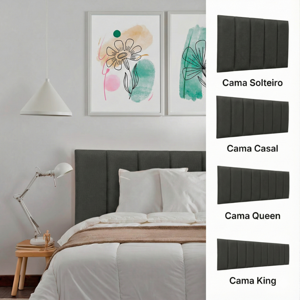 Cabeceira Placa 60x20 Estofada Ripada Modular Adesiva Linho Preto Cama Box Solteiro Casal Queen King