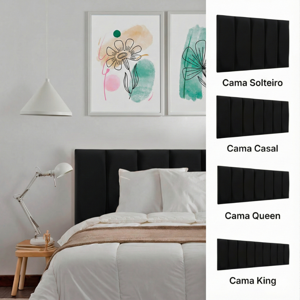 Cabeceira Placa 60x20 Modelar Casa Estofada Ripada Modular Adesiva Veludo Preto Cama Box Solteiro Casal Queen King
