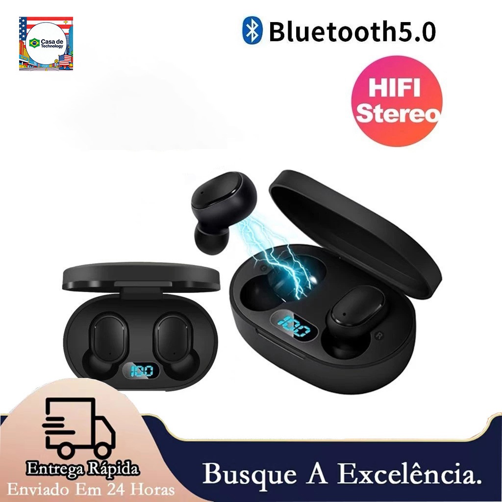 E6S Cor Preta Fones De Ouvido Sem Fio TWS Bluetooth Com Microfone Estéreo Som Cancelamento Ruído LED Display Digital Fon