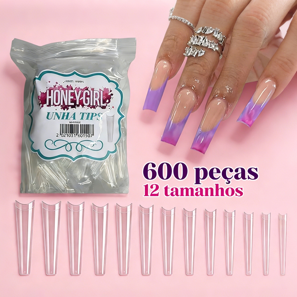 Unha Tips Extra Longa Curvatura C Honey Girl Alongamento 600 Unidade Oferta Refil Postiça Bailarina 600unid Natural/Tran