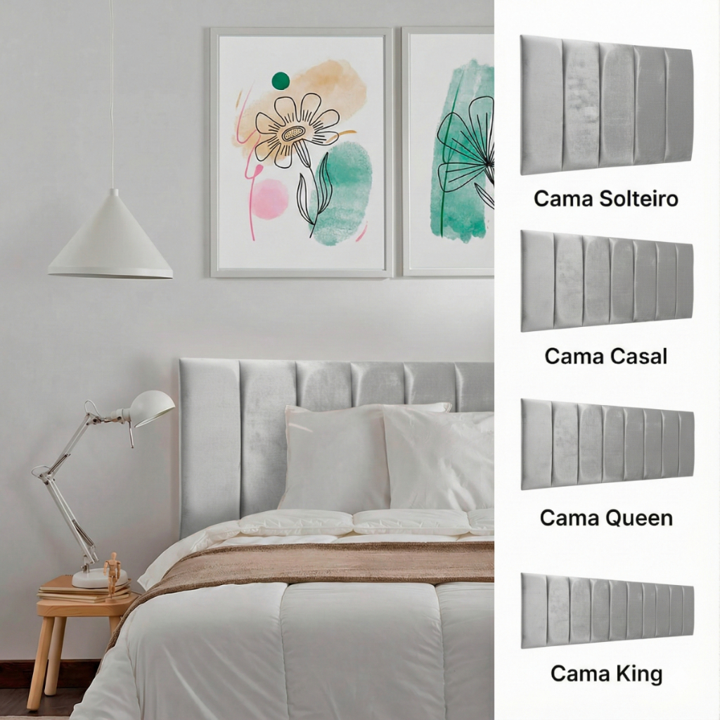 Cabeceira Placa 60x20 Modelar Casa Estofada Ripada Modular Adesiva Veludo Prata Cama Box Solteiro Casal Queen King