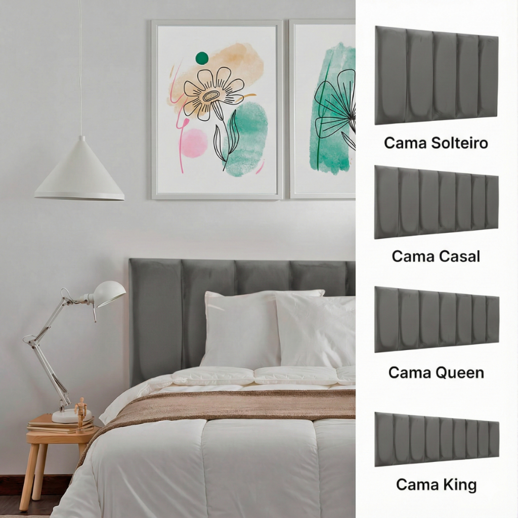 Cabeceira Placa 60x20 Estofada Ripada Modula Adesiva Veludo Cinza Cama Box Solteiro Casal Queen King