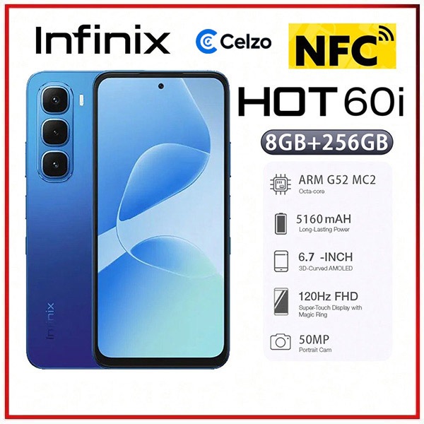 Smartphone Infinix Hot 60i NFC 4G Tela 6.7'' 8GB+256GB, Azul Sombra em Oferta na Shopee