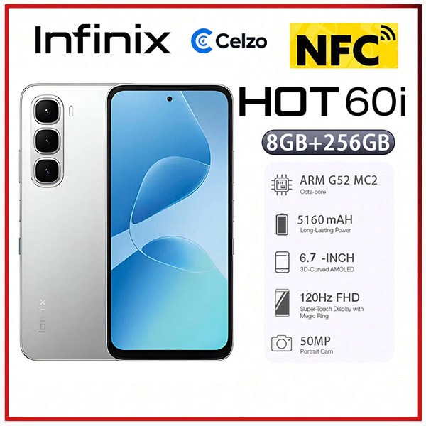 Smartphone Infinix Hot 60i NFC 4G Tela 6.7'' 8GB+256GB, Prata Titânio em Oferta na Shopee