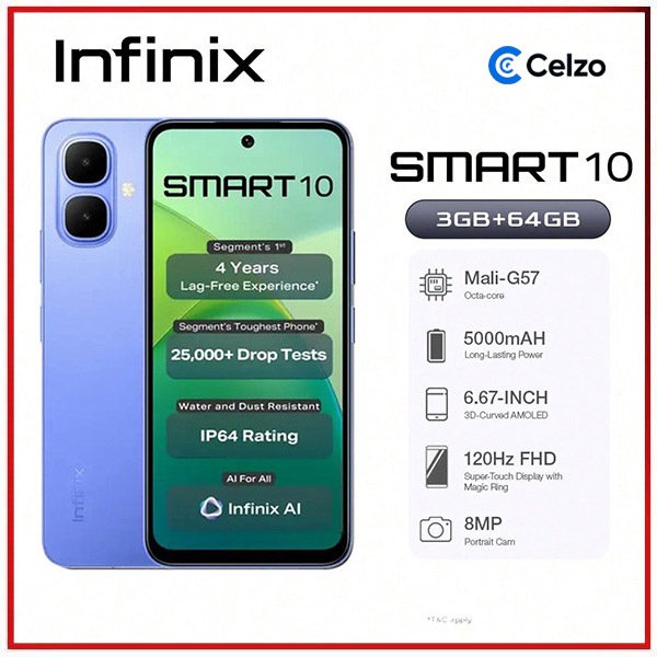 Imagem Smartphone Infinix Smart 10 4G Tela 6.67'' 3GB+64GB, Azul Íris
