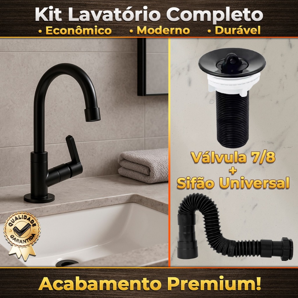 Kit Torneira para Pia/Lavatório Preta em ABS + Sifão Preto + Válvula 7/8 com Tampinha