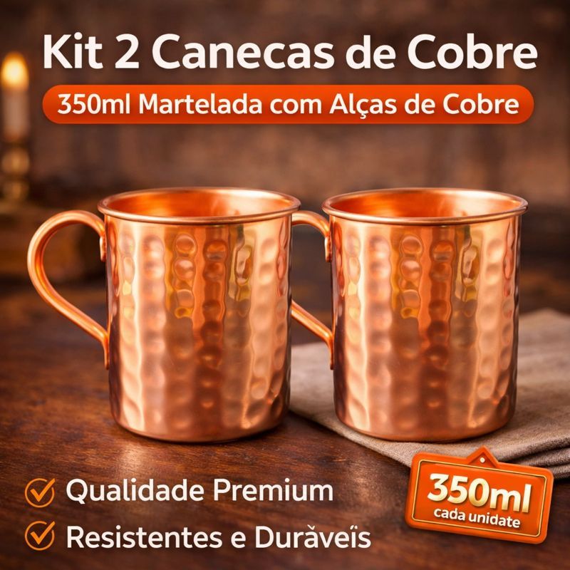 Kit 2 Canecas De Cobre 350 ml Martelada com Alças de Cobre em Oferta na Shopee