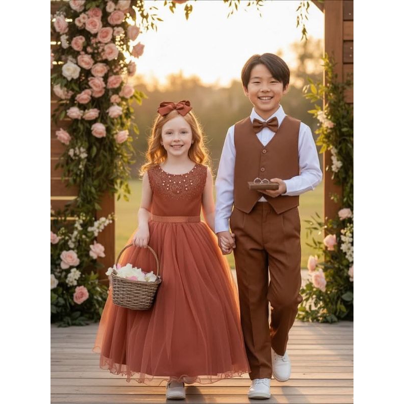 Kit Social Infantil 5 Peças Calça e Colete Marron Caramelo Camisa Gravata e Cinto Casamento Batizado