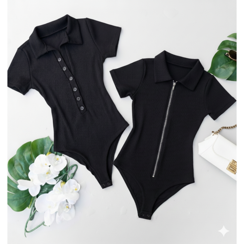 Kit 2 Bodys Feminino Ziper + Botões Manga Curta Moda Blogueira Elegante Gola Polo Verão Inverno 2026