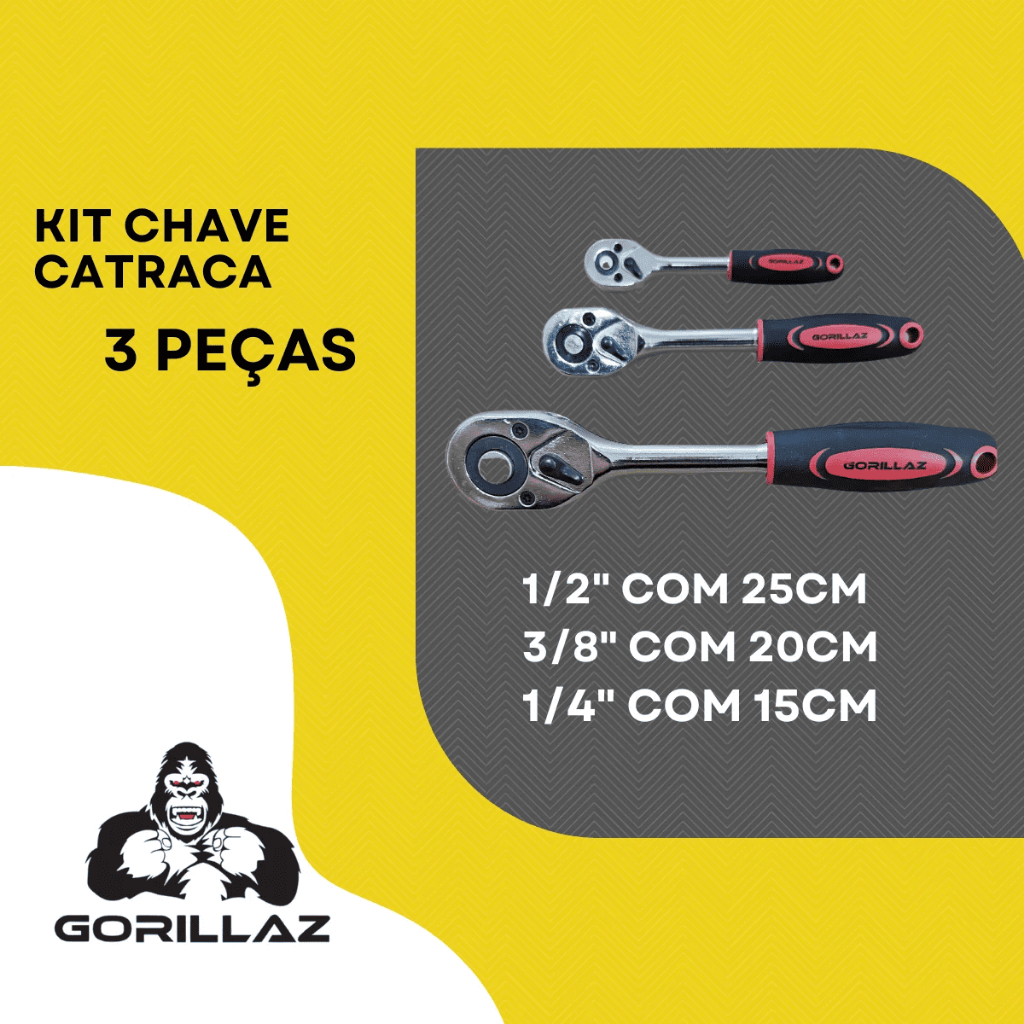 Kit Chave Catraca 3 Peças 1/2 3/8 e 1/4 Polegadas Gorillaz Chave para Desapertar em Oferta na Shopee