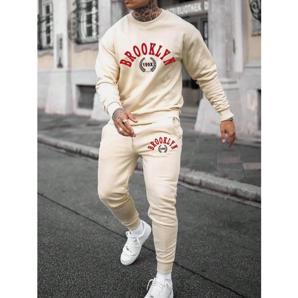 Conjunto Moletom Gola Redonda + Calça Moletom Jogger Flanelada  Brooklyn Bege Esportiva Inverno Premium