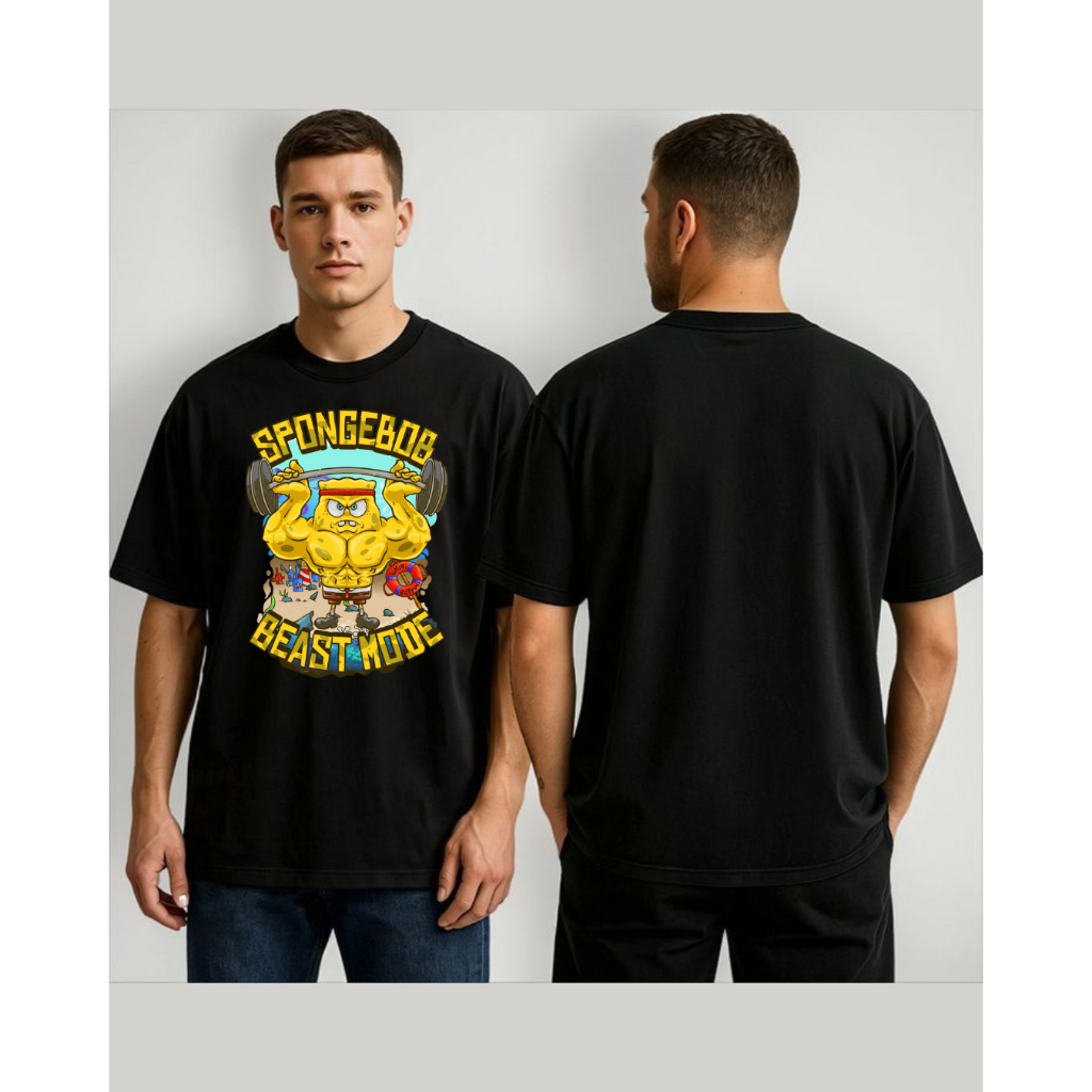Camiseta Oversized Bob Esponja Beast Mode | Camisa Academia Engraçada Fitness | Estampa Geek Preta Unissex