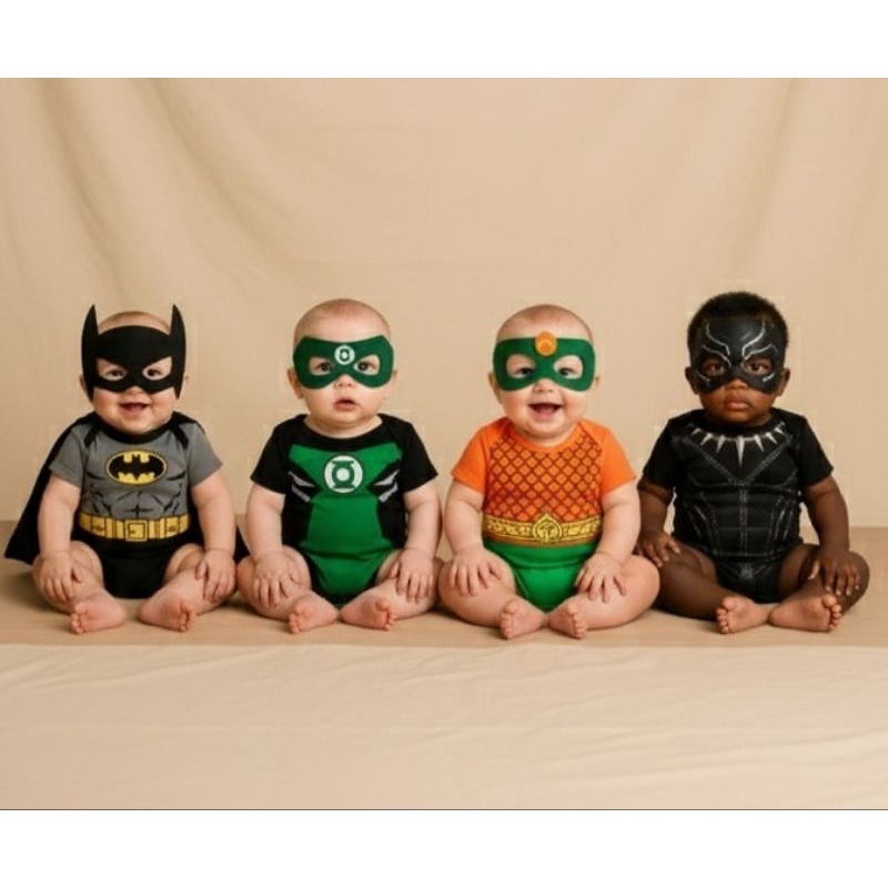 Kit Body Temático Super Herói Batman,Lanterna Verde,Aquaman e Pantera Negra,mesversário bebê
