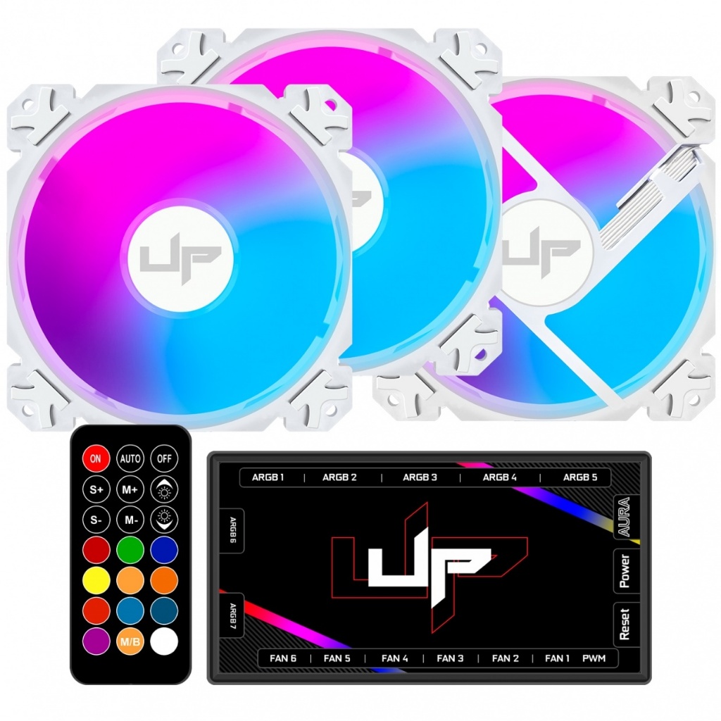 Kit com 3 Cooler Fan de Gabinete UP Gamer Nevaska, ARGB 5v, 120mm, c/Controle, Branco