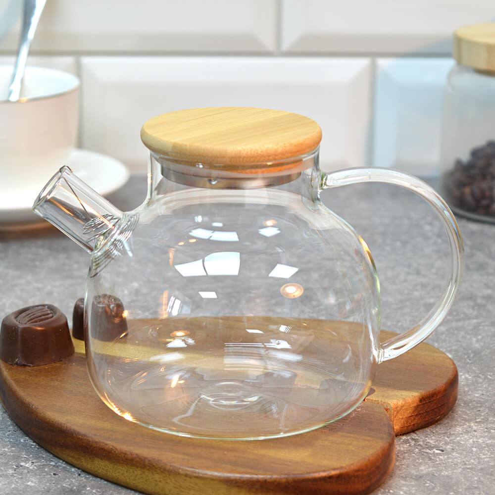 Bule Chaleira de Vidro que vai ao fogo Borossilicato com Infusor cozinha Tampa Bambu 1Litro Premium resistente ao calor