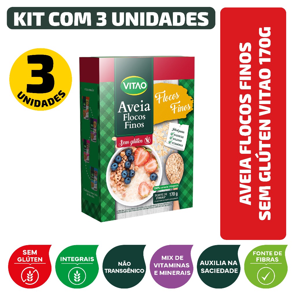 Imagem Kit Aveia Flocos Finos Sem Glúten Vitao 170G - 3 Unidades