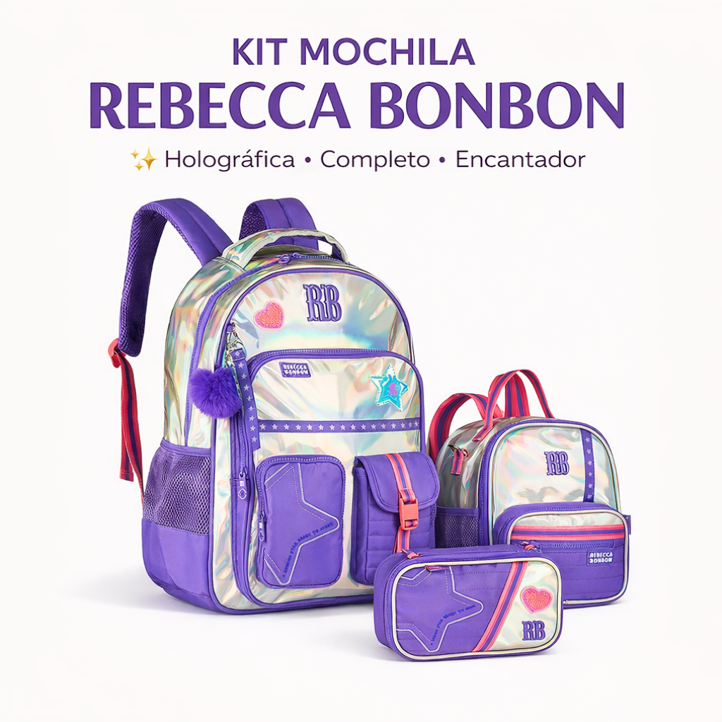Kit Escolar Infantil Rebecca Bonbon Holográfico Mochila Lancheira Térmica Estojo Organizador